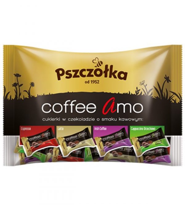 Cukierki kawowe Coffee Amo Pszczółka 1 kg. Coffee Amo to karmelki kawowe w czekoladzie o smaku - mocnego espresso, mlecznego latte, orzechowe cappuccino oraz intensywnym irish cafe z nutą alkoholu. Najczęściej wybierane przez klientów. Polski producent-Pszczółka. Pyszne i niepowtarzalne.