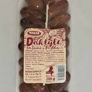 Daktyle suszone z pestką Składniki: daktyle suszone, substancja konserwująca: sorbinian potasu. Waga produktu 200g. KAT. I.