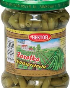 Fasolka Konserwowa Hektor 500 ml Produkt pasteryzowany. Składniki: fasolka, woda, sól. Wyprodukowano w Polsce. Przechowywać w suchym i chłodnym miejscu. Najlepiej spożyć przed 03.2025r. Numer partii: P140224. W nasze ofercie znajdują się również: Ogórki konserwowe chrupiące pikle, Marchewka konserwowa, Seler sałatka warzywna o smaku łagodnym, Kukurydza konserwowa, Fasola konserwowa, Musztarda delikatesowa, Musztarda stołowa, Koncentrat pomidorowy, Pieczarki marynowane, Buraczki tarte z chrzanem, Papryka konserwowa, Ogórki konserwowe wg. Kaszubskiego przepisu, Ketchup pikantny, Ogórki konserwowe, Koncentrat pomidorowy, Kukurydza konserwowa oraz kompot wiśniowy, śliwkowy oraz truskawkowy.