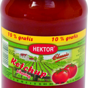 Ketchup Pikantny Hektor 900 ml Produkt pasteryzowany. Składniki: koncentrat pomidorowy 30%, woda, cukier, ocet spirytusowy, , musztarda ( woda gorczyca biała, ocet spirytusowy, cukier, sól, przyprawy), skrobia kukurydziana substancja zagęszczająca, sól, mieszanka przypraw. Wyprodukowano w Polsce. Przechowywać w suchym i chłodnym miejscu. Najlepiej spożyć przed 02.2025r. Numer partii: P290124. W nasze ofercie znajdują się również: Ogórki konserwowe chrupiące pikle, Marchewka konserwowa, Seler sałatka warzywna o smaku łagodnym, Kukurydza konserwowa, Fasola konserwowa, Musztarda delikatesowa, Musztarda stołowa, Koncentrat pomidorowy, Pieczarki marynowane, Buraczki tarte z chrzanem, Papryka konserwowa, Ogórki konserwowe wg. Kaszubskiego przepisu, Ketchup pikantny, Ogórki konserwowe, Koncentrat pomidorowy, Kukurydza konserwowa oraz kompot wiśniowy, śliwkowy oraz truskawkowy.