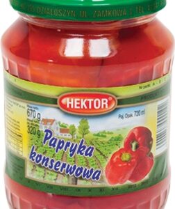 Papryka Konserwowa Hektor 720 ml Składniki: papryka, woda, ocet spirytusowy, cukier, sól, olej rzepakowy, cebula, liść laurowy, gorczyca, zie;e angielskie. Wyprodukowano w Polsce. Produkt pasteryzowany. Przechowywać w suchym i chłodnym miejscu. Najlepiej spożyć przed 03.2025r. Numer partii: P.020224. W nasze ofercie znajdują się również: Ogórki konserwowe chrupiące pikle, Marchewka konserwowa, Seler sałatka warzywna o smaku łagodnym, Kukurydza konserwowa, Fasola konserwowa, Musztarda delikatesowa, Musztarda stołowa, Koncentrat pomidorowy, Pieczarki marynowane, Buraczki tarte z chrzanem, Papryka konserwowa, Ogórki konserwowe wg. Kaszubskiego przepisu, Ketchup pikantny, Ogórki konserwowe, Koncentrat pomidorowy, Kukurydza konserwowa oraz kompot wiśniowy, śliwkowy oraz truskawkowy.